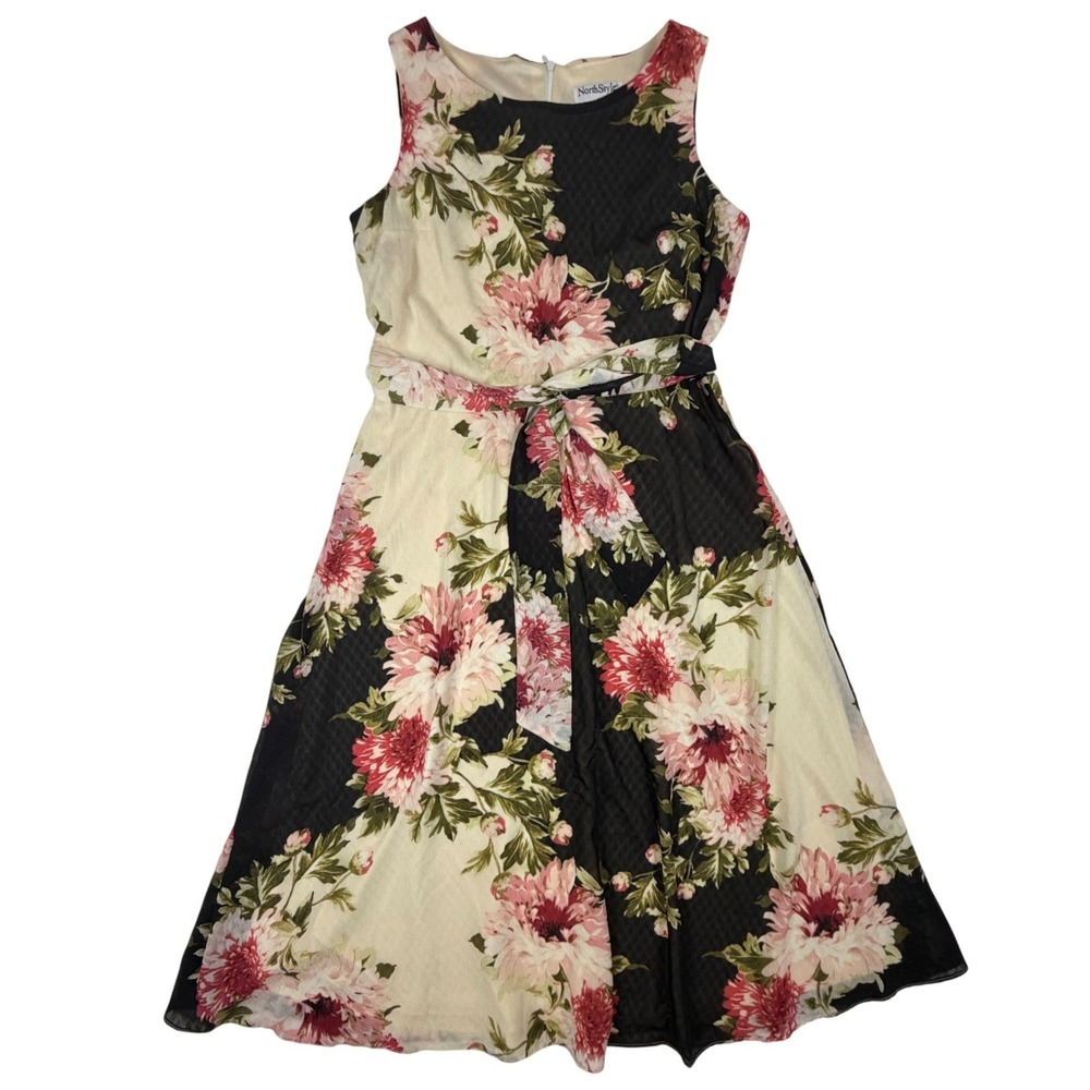 NorthStyle Floral Midi Dress Womens 10 Black Cream Pink Colorblock Sleeveless